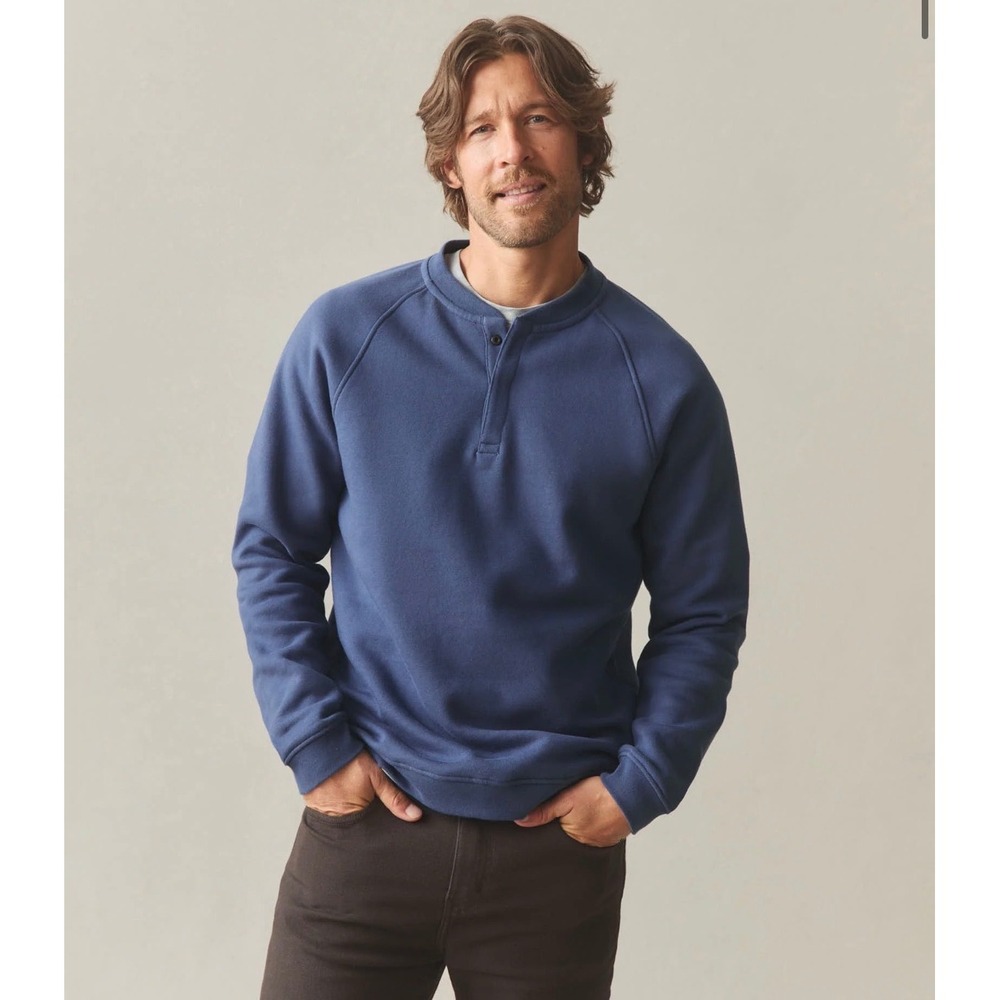 NWOT American Giant Men Midweight Snap Henley Pullover Sweatshirt L Blue Fleece‎